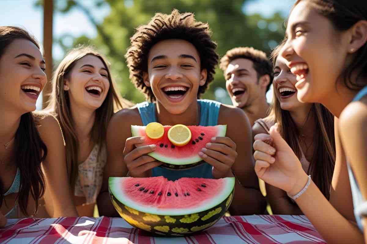 ragazzo e alcuni amici pronti ad addentare anguria e limone