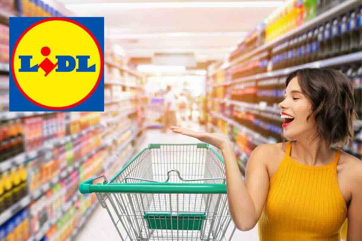 supermercato, donna felice, logo lidl