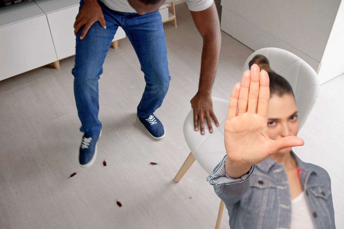 uomo che tenta di schiacciare una blatta e una donna che fa stop con le mani